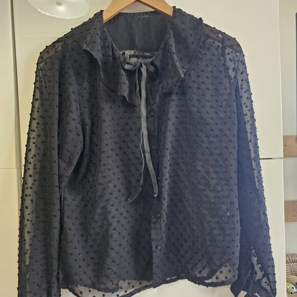 Sheer Ruffle Neck Polka Dot Blouse - Picture 3 of 7